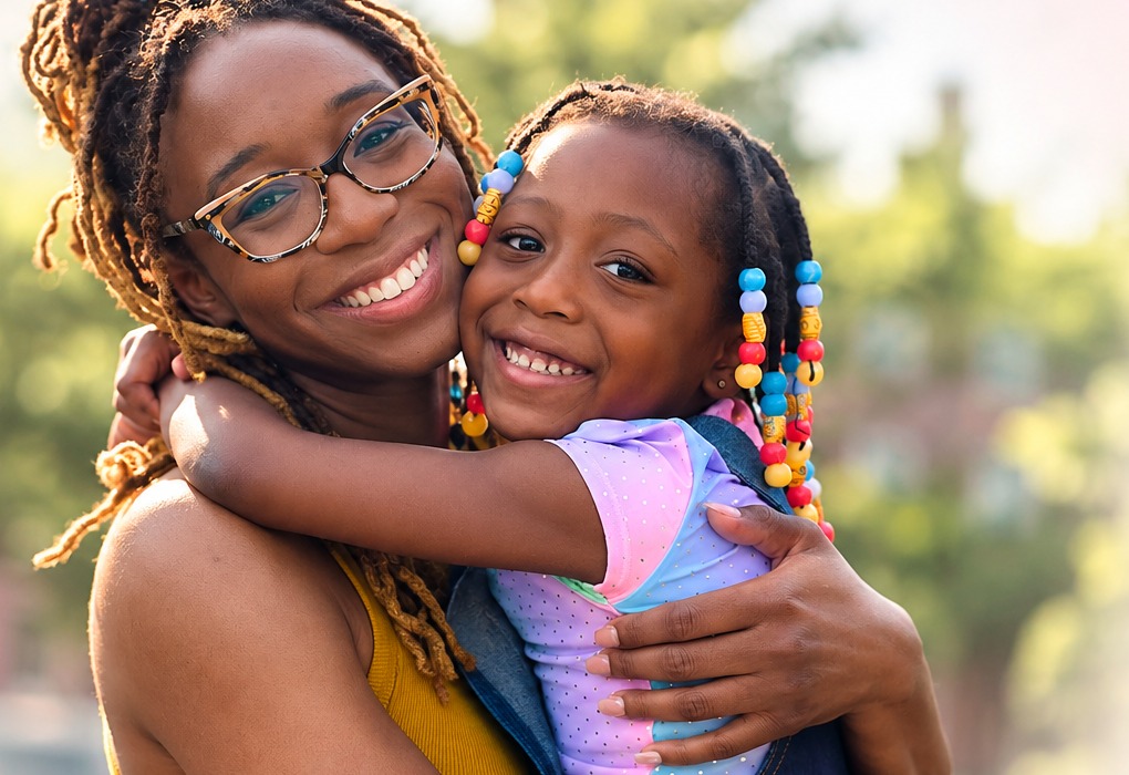 A mother and her daughter hugging cheek to cheek, both smiling